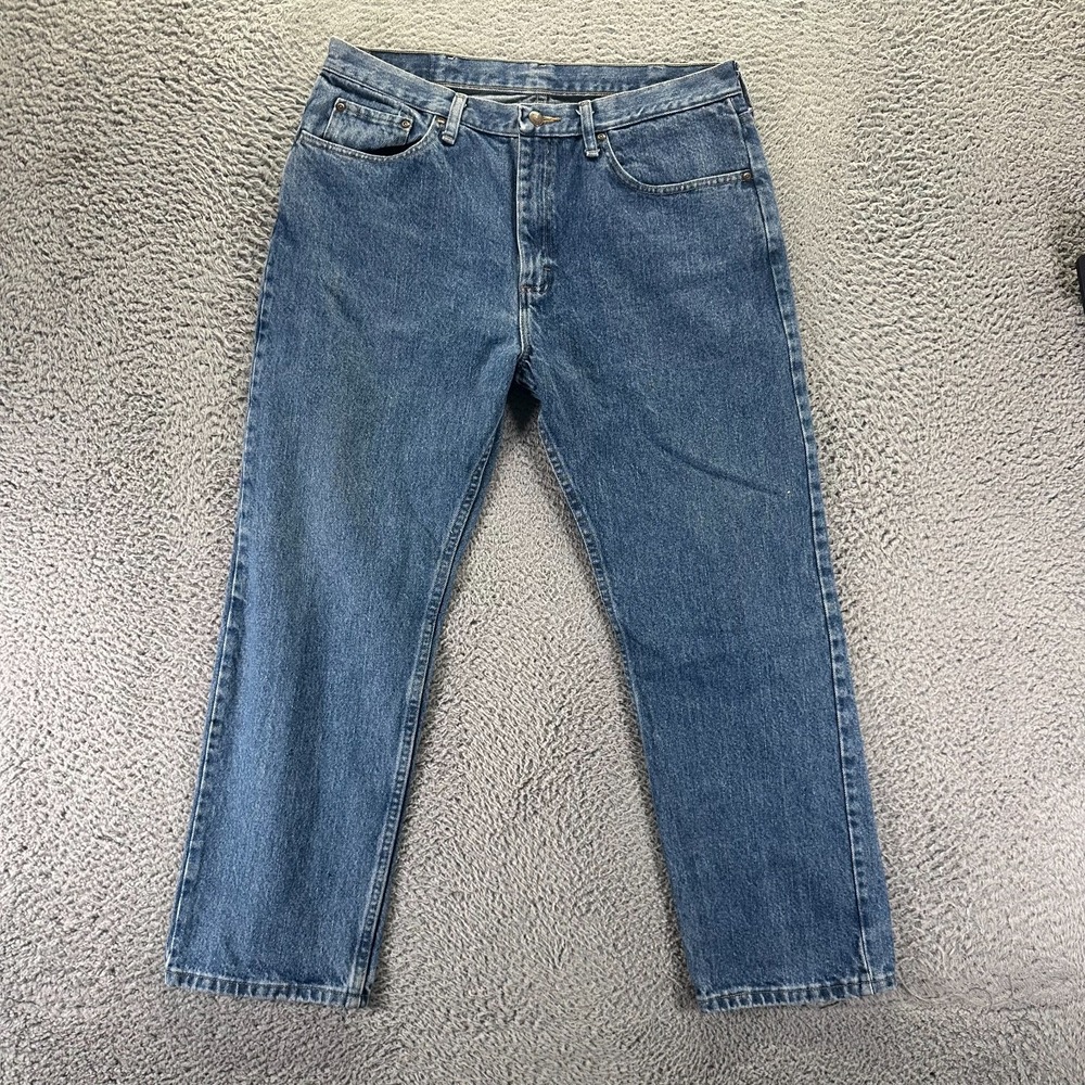 Wrangler Jeans Mens 35x28 Blue Cotton Denim Straight Leg Workwear Travel Utility